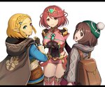 backpack big_breasts black_bars blue_eyes breasts brown_hair clothed clothing female fully_clothed group hair headgear headwear humanoid_pointy_ears looking_at_viewer looking_back looking_back_at_viewer not_furry pointy_ears red_hair short_hair simple_background smile trio white_background gonzarez1938 nintendo pokemon tears_of_the_kingdom the_legend_of_zelda xenoblade_(series) gloria_(pokemon) princess_zelda pyra_(xenoblade) human humanoid hylian mammal crossover hi_res letterbox