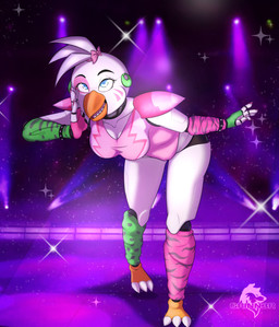 anthro blue_eyes bow_ribbon breasts cleavage clothed clothing ear_piercing ear_ring facial_markings female fingers gloves handwear head_markings leg_warmers legwear leotard machine markings piercing pose ring_piercing shoulder_pads solo stage teeth white_body conditional_dnp grinn3r five_nights_at_freddy's five_nights_at_freddy's:_security_breach scottgames steel_wool_studios glamrock_chica animatronic avian bird chicken galliform phasianid robot 2021 digital_media_(artwork) hi_res