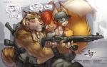 5_fingers anthro blue_eyes brown_body brown_fur clothed clothing detailed_background duo eyebrows eyelashes female fingers fur gun holding_gun holding_object holding_ranged_weapon holding_weapon male orange_body orange_fur ranged_weapon text weapon yellow_eyes jesonite canid canine felid feline fox lynx mammal 2019 digital_media_(artwork) english_text