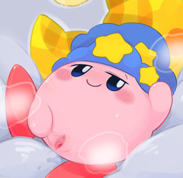 aroused aroused_face blue_eyes blush bodily_fluids clothing feet female fog genital_fluids genitals happy hat headgear headwear looking_at_viewer lying mouth_closed on_back pink_body red_feet smug_grin solo spread_vulva spreading star sweat vaginal_fluids vulva poi_(artist) kirby_(series) nintendo kirby waddling_head censored hi_res mosaic_censorship
