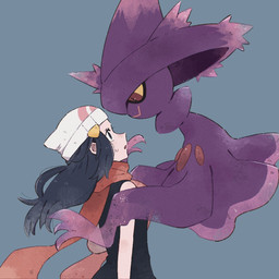 ambiguous_gender blue_eyes blue_hair bodily_fluids clothing duo eye_contact eyelashes female hair hat headgear headwear looking_at_another open_mouth purple_body red_eyes scarf simple_background sweat yellow_sclera himetya105 nintendo pokemon dawn_(pokemon) generation_4_pokemon human mammal mismagius pokemon_(species) spirit 1:1 2025 hi_res