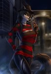 anthro black_hair black_nose blade blue_eyes breasts clothed clothing eyebrows eyelashes female hair jewelry legwear necklace night solo standing street tail torn_clothing weapon elvofirida nightmare_on_elm_street freddy_krueger sila_dione mammal procyonid raccoon 2021 digital_media_(artwork) hi_res