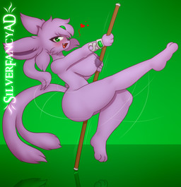 anthro anthrofied areola armor bedroom_eyes big_breasts big_butt blush bracers breasts butt dancing female freckles green_background green_eyes hair heart_symbol jade_(gem) narrowed_eyes nude nude_anthro nude_female open_mouth pole pole_between_legs pole_dancing ponytail purple_areola purple_body quarterstaff reflection seductive simple_background solo swinging thick_thighs silverfancyarts nintendo pokemon jade_crystalheart_(silverfancyarts) eeveelution espeon generation_2_pokemon pokemon_(species) 2025 colored_line_art digital_drawing_(artwork) digital_media_(artwork) hi_res shaded soft_shading