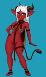 blue_background blue_eyes clothed clothing female grin hair hand_on_hip horn humanoid_pointy_ears mostly_nude open_mouth open_smile pointy_ears red_body red_skin sharp_teeth simple_background skimpy smile solo teeth white_hair babyserval demon humanoid imp hi_res