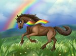 animal_genitalia blue_eyes brown_body brown_hair brown_mane brown_tail feathering feral fur genitals grass hair hooves lgbt_pride looking_at_viewer male mane plant pride_colors rainbow rainbow_pride_colors raised_leg sheath simple_background six-stripe_rainbow_pride_colors solo tail shiracipher dolero equid equine horse mammal 2022 digital_media_(artwork)