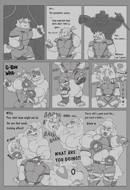 anthro barking big_muscles biped bulge caught duo facial_piercing floppy_ears hair kneeling kneeling_on_ground long_hair male male/male mind_control muscular muscular_anthro muscular_male nose_piercing nose_ring piercing ring_piercing text undressing_another higgsfigs bear canid canine canis domestic_dog mammal 2025 comic english_text greyscale hi_res monochrome