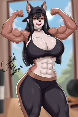 abs anthro big_breasts breasts female gym huge_breasts muscular muscular_anthro muscular_female solo text thick_thighs iamzavix canid canine mammal absurd_res digital_media_(artwork) hi_res url