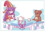 blush chair clothed clothing container cup diaper female furniture group kettle looking_at_viewer plushie sitting smile table tea_party teddy_bear wearing_diaper diver_(artist) league_of_legends riot_games tencent lulu_(lol) pix_(lol) humanoid pixie yordle hi_res