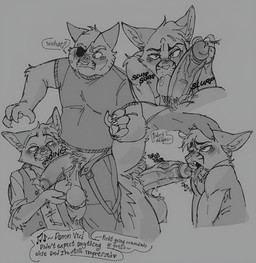 4_fingers anthro athletic athletic_anthro athletic_male ball_suck balls big_balls big_penis blush blush_lines bodily_fluids bottomwear claws clothed clothed_anthro clothed_male clothing collared_shirt cum cum_drip cum_on_tongue dialogue dripping drooling duo erection eye_patch eyebrows eyewear finger_claws fingers foreskin fur genital_fluids genitals hand_on_another's_balls hand_on_another's_head hand_on_penis head_tuft holding_balls humanoid_genitalia humanoid_penis inner_ear_fluff male male/male male_anthro musical_note musical_symbol onomatopoeia open_bottomwear open_clothing open_pants oral pants penis precum precum_drip raised_eyebrow saliva saliva_on_balls saliva_on_penis sex shirt simple_background slurping smile sound_effects speech_bubble sucking suspenders symbol teeth text tongue tongue_out topwear tuft vein veiny_penis vest lemy00n_aid lackadaisy dorian_zibowski viktor_vasko domestic_cat felid feline felis mammal 2025 digital_drawing_(artwork) digital_media_(artwork) english_text greyscale hi_res monochrome slovak_text translated