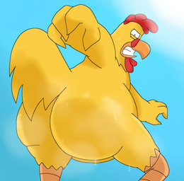 angry anthro avian_legs barely_visible_breasts beak belly belly_overhang big_butt blue_background blue_sky bodily_fluids breasts butt butt_focus clenched_teeth feather_hands feathered_body feathers light looking_at_viewer looking_back male moobs musk musky_butt obese obese_anthro obese_male overweight overweight_anthro overweight_male simple_background sky solo sunlight sweat sweaty_butt sweaty_legs sweaty_thighs tail tail_feathers teeth yellow_body anonymous_artist 20th_century_fox family_guy ernie_the_giant_chicken avian bird chicken galliform phasianid digital_drawing_(artwork) digital_media_(artwork) hi_res lighting shaded