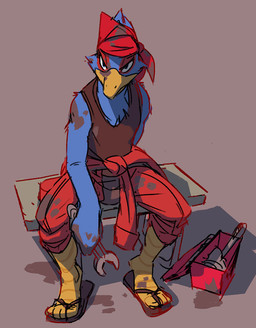 anthro beak black_clothing black_shirt black_tank_top black_topwear blue_body blue_feathers clothed clothing feathers flip_flops footwear male mechanic messy sandals shirt shoes simple_background solo tank_top tools topwear wrench flookz nintendo star_fox falco_lombardi avian bird 2017 digital_media_(artwork)
