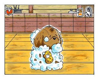 ambiguous_gender bath brown_body brown_fur eyes_closed feral fur gameplay_mechanics soap solo young konpeitobread nintendo nintendogs canid canine canis domestic_dog mammal 5:4