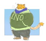 anthro bottomwear clothing eyes_closed kemono male overweight overweight_male pants scarf simple_background solo sweater topwear inunoshippo felid mammal pantherine tiger 2022