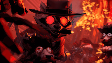 anthro big_breasts blood blood_on_face bodily_fluids breasts brown_body brown_fur bullet cigarette cigarette_in_mouth cigarette_smoke clothed clothing cowboy_outfit curvy_figure detailed_background explosion explosives eyewear fire fluffy fur glasses gloves gun handgun handwear hat headgear headwear male mechanical_glove mechanical_hands object_in_mouth pistol ranged_weapon red_background simple_background smoke solo sunglasses weapon wearing_glasses white_body michmachape guardians_of_the_galaxy marvel mythology rocket_raccoon canid canine canis mammal mythological_canine mythological_creature procyonid raccoon werecanid werecanine werecreature werewolf wolf hi_res