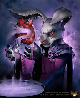 4_fingers anthro clothing ear_piercing ear_ring fingers heart_(organ) liquid magic male organs piercing purple_background purple_clothing purple_eyes purple_robe ring_piercing robe simple_background smile solo text tealfuleyes hex:_shards_of_fate lagomorph leporid mammal rabbit digital_media_(artwork) english_text official_art url