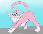 all_fours anthro ass_up blue_eyes breasts butt female fur hanging_breasts happy nude pink_body pink_fur side_view simple_background smile solo paoguu super_planet_dolan shima_luan domestic_cat felid feline felis mammal 2015 5:4