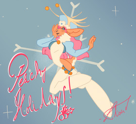 anthro antlers bell bell_collar blush christmas_clothing christmas_headwear clothed clothing collar femboy fur headgear headwear holidays horn male simple_background snowflake solo tail text liliond christmas peach_(liliond) deer mammal digital_media_(artwork) english_text hi_res