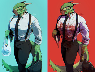 anthro bag blood bodily_fluids bodypaint bottomwear briefcase clothed clothing evil_grin face_paint facial_scar gore green_body green_scales grocery_bag holding_knife holding_object horn knife looking_at_viewer male muscular muscular_male necktie pants scales scar shirt simple_background smile solo suspenders tail thick_tail topwear trash_bag yellow_eyes gunka bethesda_game_studios microsoft skyrim the_elder_scrolls veezara argonian scalie 2022 hi_res