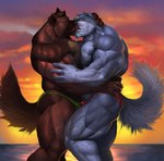 5_fingers anthro barazoku beard big_muscles black_nose blue_hair bodily_fluids brown_body brown_fur brown_hair bulge bulge_frottage clothed clothing duo eyes_closed facial_hair fingers fur green_hair grey_body grey_fur hair huge_muscles humanoid_hands kissing making_out male male/male manly multicolored_hair muscular muscular_anthro muscular_male red_tongue speedo sunset sweat swimwear tongue topless two_tone_hair vein veiny_muscles echin alan_stevenson jason_steiner canid canine canis domestic_dog german_shepherd herding_dog husky mammal nordic_sled_dog pastoral_dog spitz 2019 hi_res