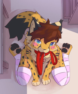anthro black_body black_fur blue_eyes blush blush_lines brown_hair clothing collar collar_in_mouth detailed_background dipstick_tail fur hair kneeling leg_warmers legwear looking_at_viewer male markings paws solo spots spotted_markings tail tail_markings yellow_body yellow_fur bin_tuc cheetah felid feline mammal 5:6 absurd_res colored hi_res shaded