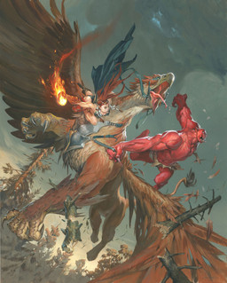 action_pose ambiguous_gender armor beak breasts brown_body brown_feathers claws clothed clothing cloud dutch_angle elemental_manipulation feathered_wings feathers female fire fire_manipulation flying group humanoid_pointy_ears low-angle_view male muscular muscular_male open_mouth outside plant pointy_ears pose red_body sharp_teeth size_difference tail teeth tongue tongue_out topless topless_male tree wings jesper_ejsing mythology avian demon elf gryphon humanoid mythological_avian mythological_creature 2011 absurd_res hi_res traditional_media_(artwork)