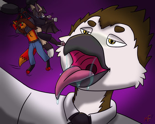anthro beak bodily_fluids clothing dangling extreme_size_difference gaping_mouth gradient_background group holding_character imminent_oral_vore imminent_vore macro male micro mouth_shot open_beak open_mouth purple_background saliva simple_background size_difference trio metal_fox117 ash_(metal_fox) kiba_(crescentwolf) quiltin avian bat bird canid canine fox hybrid mammal owl 5:4 hi_res andromorph_(lore)