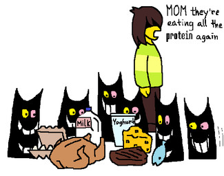 beef dairy_products egg feral food group male meat milk protein steak text yogurt 4chan_anon anonymous_artist deltarune undertale_(series) friend_(deltarune) kris_dreemurr demon felid feline human mammal english_text meme