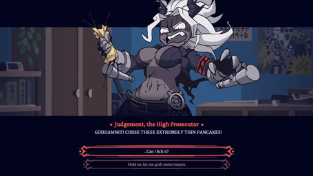armband belt black_bars black_horn book bookshelf breasts candy chain chocolate claws clothing dark_body dark_skin dessert dialogue dialogue_box dirty female food furniture gameplay_mechanics hair holding_food holding_object horn inside long_hair looking_down melee_weapon metal_claws navel not_furry occult_symbol open_mouth pancake pentagram plant poster solo sword symbol teeth text weapon white_eyes white_hair krekk0v helltaker judgement_(helltaker) demon demon_humanoid humanoid english_text hi_res