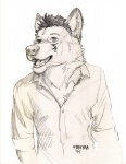 anthro clothed clothing fangs male open_mouth simple_background solo teeth tongue white_background fonyaa canid canine canis mammal wolf monochrome sketch