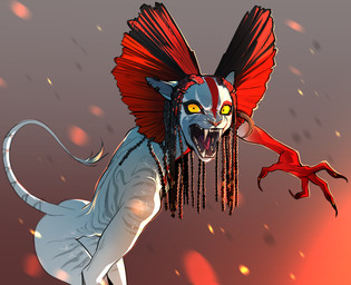 4_fingers anthro blue_body blue_skin ear_piercing female fingers hair leaning leaning_forward long_hair looking_at_viewer nude open_mouth piercing sharp_teeth solo striped_body striped_skin stripes tail teeth yellow_eyes glacierclear james_cameron's_avatar varang_(avatar) alien felid feline hybrid mammal na'vi absurd_res hi_res