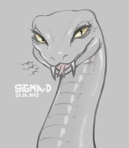ambiguous_form eyelashes fangs female feral forked_tongue grey_background looking_at_viewer pupils simple_background slit_pupils smile solo teeth tongue tongue_out yellow_eyes sigma-d reptile scalie snake 2023 dated digital_media_(artwork) portrait