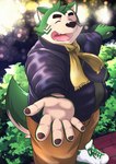 anthro eyebrows fur green_body green_fur male offering_hand overweight pawpads scarf smile solo thick_eyebrows nazebesu_hobby lifewonders live_a_hero mokdai canid canine canis domestic_dog mammal absurd_res hi_res