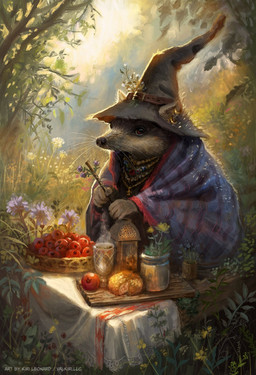 ambiguous_gender anthro belt brown_body brown_fur cheese clothing dairy_products detailed_background ear_piercing ear_ring food fruit fur furniture gold_(metal) gold_jewelry grass hat headgear headwear hot_beverage jewelry lamp looking_at_viewer outside piercing plant ring_piercing sitting solo table text tomato tree whiskers witch_hat valkiri eulipotyphlan hedgehog mammal digital_media_(artwork) english_text hi_res
