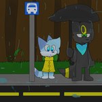 anthro blue_eyes blue_scarf bus_stop_sign clothed clothing coat feet feral forest forest_background fur grass green_eyes nature nature_background paws plant raindrop raining road scarf topwear tree umbrella yellow_clothing yellow_coat yellow_raincoat yellow_topwear dastarman nintendo pokemon ethan_(dastarman) silver_(dastarman) canid canine eeveelution fox generation_2_pokemon mammal pokemon_(species) umbreon 1:1 2023 hi_res