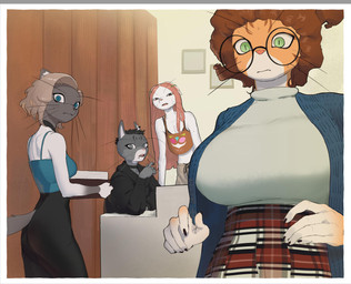 anthro barber big_breasts black_bottomwear black_choker black_claws black_clothing black_eyewear black_glasses black_hair black_hoodie black_jewelry black_necklace black_nose black_pants black_skirt black_topwear black_whiskers blonde_hair blue_clothing blue_eyes blue_jacket blue_shirt blue_tank_top blue_topwear bodily_fluids border bottomwear breast_size_difference breasts brown_clothing brown_hair brown_shirt brown_tank_top brown_topwear choker claws clothing desk ear_piercing eyelashes eyewear female female_anthro finger_claws fur furniture glasses green_eyes grey_body grey_bottomwear grey_clothing grey_ears grey_eyes grey_fur grey_pants grey_sweatpants group hair head_turned hoodie humanoid_hands inside jacket jewelry leaning leaning_forward long_hair medium_breasts midriff mouth_closed multicolored_body multicolored_fur multicolored_skirt necklace open_mouth orange_body orange_fur pants pattern_bottomwear pattern_clothing pattern_skirt piercing pink_hair pink_nose pink_tongue plaid plaid_bottomwear plaid_clothing plaid_skirt pointy_ears prick_ears pupils red_bottomwear red_clothing red_skirt round_glasses shirt short_hair sitting skirt slit_pupils small_breasts snout standing surprised sweat sweater sweatpants sweaty_face table tank_top teeth tongue topwear two_tone_body two_tone_fur wall_(structure) whiskers white_body white_border white_bottomwear white_clothing white_fur white_inner_ear white_skirt white_sweater white_topwear wide_eyed wood wood_wall matchattea dallas_(matchattea) simone_(matchattea) domestic_cat felid feline felis mammal 2026