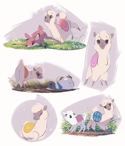 2_horns ambiguous_gender feral flower fur grass group hair horn inner_ear_fluff multicolored_body multicolored_fur plant quadruped raised_tail short_hair short_tail shrub spots tail toony trio tuft white_body white_fur itsdanfango ansel_(itsdanfango) olive_(itsdanfango) alpaca bovid camelid caprine deer goat mammal 2017 absurd_res hi_res