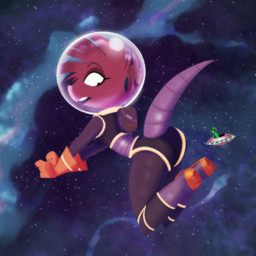 ambiguous_gender anthro arched_back backpack big_butt biped boots bubble_butt bubble_helmet butt clothing curvy_figure drifting eyelashes female flying_saucer footwear gloves hair handwear looking_back_at_self mohawk ponytail science_fiction shoes small_waist solo space spacesuit tail thick_tail thick_thighs pusszone background_character tiana_(pusszone) aardvark alien mammal 1:1 2026 hi_res