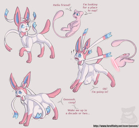 abdominal_bulge accessory bow_ribbon duo feral greeting hair_accessory hair_bow hair_ribbon male male/male ribbons teleportation teleportation_vore text unusual_vore unwilling_pred vore willing_prey posexe nintendo pokemon eeveelution generation_1_pokemon generation_6_pokemon legendary_pokemon mew_(pokemon) pokemon_(species) sylveon english_text url
