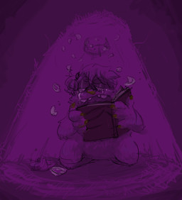 anthro bodily_fluids book brown_claws brown_nose claws crying female front_view fur hair half-closed_eyes holding_book holding_object kneeling narrowed_eyes purple_body purple_fur purple_hair reading reading_book sad solo tears teeth shaibey bugsnax young_horses beffica_winklesnoot grumpus 2022 digital_media_(artwork) hi_res procreate_(artwork)