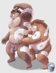 anthro balls belly brown_body brown_fur clothing duo feet flaccid fur genitals kemono male moobs overweight overweight_male painting_body penis simple_background underwear gadoran mammal suid suine sus_(pig) wild_boar 2024 hi_res