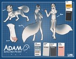 4_fingers anthro bell bell_collar biped claws collar color_swatch eyebrows feral fingers male pawpads paws pink_pawpads pink_tongue quadruped solo tail text tongue tongue_out linkscape adam_(linkscape) arctic_fox canid canine fox mammal true_fox english_text hi_res model_sheet