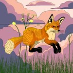 ambiguous_gender black_nose cloud detailed_background eyelashes feral fluffy fluffy_tail fur grass hopping jumping looking_at_viewer nature orange_body orange_fur paws plant sky solo tail whisker_spots whiskers schreckengast canid canine fox mammal 1:1 2020 digital_media_(artwork) pixel_(artwork) shaded