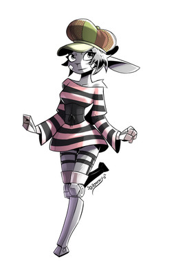 anthro band-aid bandage biped black_corset breasts clothed clothed_anthro clothed_female clothing corset cybernetic_arm cybernetic_leg cybernetic_limb dress eyeliner female female_anthro flat_cap fur garter_belt garter_straps grey_body grey_eyes grey_fur grey_hair hair hat headgear headwear light lingerie makeup monotone_body monotone_fur one_leg_up pattern_clothing pattern_dress pink_clothing pink_dress pivoted_ears raised_leg shadow short_hair simple_background slim slim_anthro slim_female small_breasts solo standing striped_clothing striped_dress stripes topwear white_background gatonejo tabby_(gatonejo) lagomorph leporid mammal rabbit 2026 absurd_res digital_drawing_(artwork) digital_media_(artwork) hi_res signature