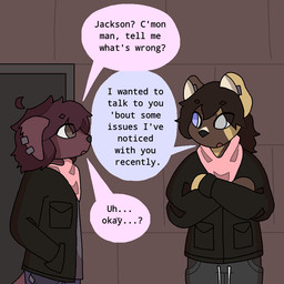 anthro black_clothing black_jacket black_topwear blind_eye blue_bottomwear blue_clothing blue_eyes blue_jeans blue_pants bottomwear brown_body brown_fur brown_hair clothing crossed_arms denim denim_bottomwear denim_clothing dialogue duo ear_piercing floppy_ears fur grey_bottomwear grey_clothing grey_pants grey_shirt grey_sweatpants grey_topwear hair jacket jeans kerchief male pants piercing pink_kerchief shirt sweatpants tan_body tan_fur text topwear ashblondekittyy jackson_(ashblondekitty) rex_(ashblondekittyy) african_wild_dog canid canine canis domestic_dog mammal 1:1 english_text trans_(lore) trans_man_(lore)