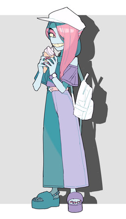 backpack belt blue_body blue_skin bottomwear clothing dessert ear_fins female fin food footwear hair hair_over_eye hat headgear headwear ice_cream looking_at_viewer one_eye_obstructed pants pupils red_hair sandals shadow sharp_teeth shirt shoes slit_pupils solo teeth topwear yellow_sclera yellow_teeth ouse undertale_(series) undyne animal_humanoid aquatic aquatic_humanoid fish fish_humanoid humanoid hi_res