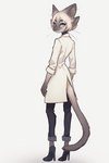 4_ears 4_eyes anthro blue_eyes bottomwear clothing coat female footwear gradient_fur hair high_heels lab_coat looking_at_viewer multi_ear multi_eye pale_hair pants rear_view rolled_up_sleeves shoes short_hair simple_background skinny solo sweater tail tall tan_hair topwear turtleneck whiskers white_background white_hair tateoftot alien colorpoint domestic_cat felid feline felis mammal siamese