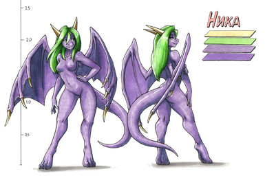 3_toes 5_fingers anthro biped breasts claws feet female fingers genitals green_eyes green_hair hair horn membrane_(anatomy) navel nipples non-mammal_breasts non-mammal_navel non-mammal_nipples purple_body solo tail toes vulva wing_claws wings ewgengster european_mythology mythology dragon mythological_creature mythological_scalie scalie western_dragon 2020 absurd_res hi_res model_sheet traditional_media_(artwork)