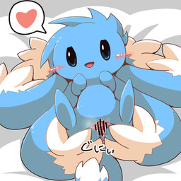 anthro anus bedding bedding_background blue_body blush bodily_fluids censor_bar female genital_fluids genitals heart_symbol ineffective_censorship looking_at_viewer lying multicolored_body on_back open_mouth open_smile presenting presenting_vulva semi-anthro smile solo speech_bubble spread_vulva spreading text two_tone_body vaginal_fluids vulva white_body crepix fumufumu_(character) mammal unknown_species 1:1 2015 censored japanese_text