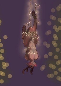 anthro antlers bdsm bondage bound breasts brown_body christmas_decorations christmas_lights female fur holidays hooves horn looking_at_viewer navel nude simple_background solo upside_down nutlover christmas deer mammal new_world_deer reindeer digital_media_(artwork) hi_res