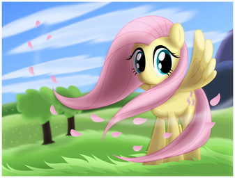 blue_eyes cloud cutie_mark detailed_background feathered_wings feathers female feral grass hair mountain outside pink_hair plant quadruped sky solo tail toony tree wind wings wood yellow_body yellow_feathers unknown_artist friendship_is_magic hasbro my_little_pony mythology fluttershy_(mlp) equid equine mammal mythological_creature mythological_equine pegasus